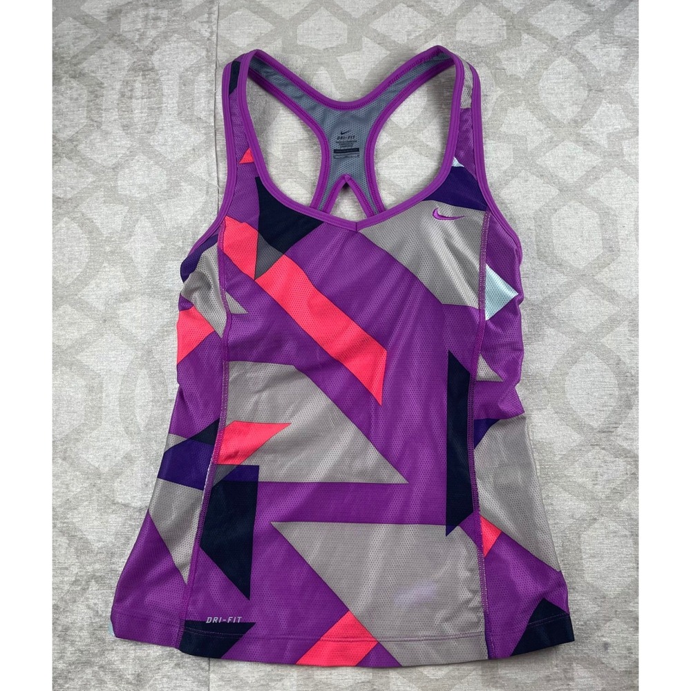 Nike Dri-FIT Women M Purple Geometric Built-in Bra Racerback Tank Top 453667-522